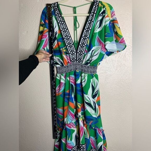 Flying tomato deep v neck high low leaf dress multicolor green - Picture 12 of 13